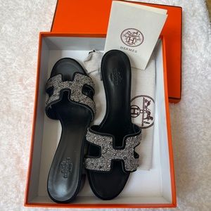 Hermès Black Oran with Crystals Heeled Leather Sandals